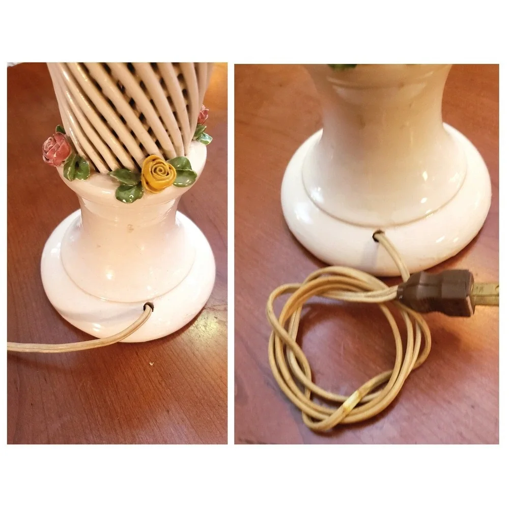 Vintage Capodimonte Table Lamp Red & Yellow Porcelain Heritage Roses Weave Trim